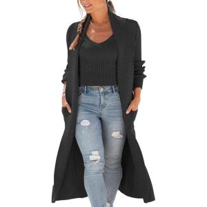 image:imageCHARTOU Womens Shawl Collar 2 Piece Open Front Cardigan Sweater Rib Knit Crop Cami SetsBlack