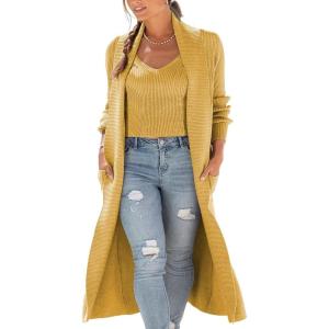 image:imageCHARTOU Womens Shawl Collar 2 Piece Open Front Cardigan Sweater Rib Knit Crop Cami SetsYellow