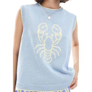 image:imageCHARTOU Y2k Cropped Sweater Vest Women Rib Knit Contrast Trim Sleeveless Pullover Crew Neck Loose Cute TopBlue