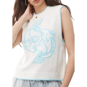 image:imageCHARTOU Y2k Cropped Sweater Vest Women Rib Knit Contrast Trim Sleeveless Pullover Crew Neck Loose Cute TopLight Blue