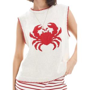 image:imageCHARTOU Y2k Cropped Sweater Vest Women Rib Knit Contrast Trim Sleeveless Pullover Crew Neck Loose Cute TopRed