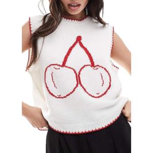 image:imageCHARTOU Y2k Cropped Sweater Vest Women Rib Knit Contrast Trim Sleeveless Pullover Crew Neck Loose Cute TopWhite