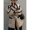 image:imageCHARTOU Women Winter Collarless Contrast Trim Wool Blend Pea Coat Jacket Wrap Coat with BeltCamel