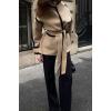 image:imageCHARTOU Women Winter Collarless Contrast Trim Wool Blend Pea Coat Jacket Wrap Coat with BeltCamel