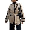 image:imageCHARTOU Women Winter Collarless Contrast Trim Wool Blend Pea Coat Jacket Wrap Coat with BeltCamel