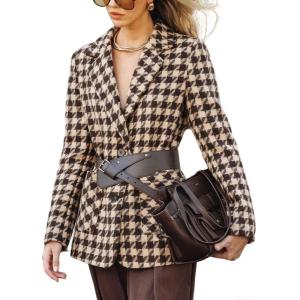 image:imageCHARTOU Women Fall Winter Houndstooth Blazer Jacket Wool Lapel Single Breasted Casual Business Work Coat with BeltKhaki