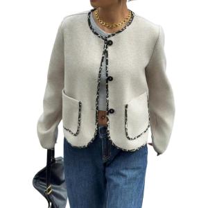 image:imageCHARTOU Women Leopard Trim Wool Coat Jacket Fall Winter Oversized Crewneck Single Breasted OutwearApricot