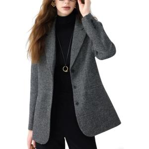 image:imageCHARTOU Women Vintage Herringbone Blazer Jacket Fall Winter Wool Lapel Single Breasted Business Casual Work CoatGrey