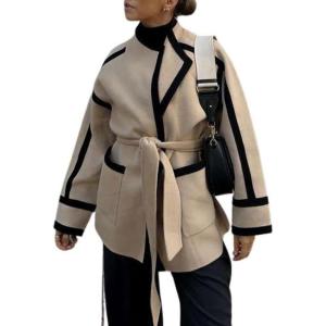 image:imageCHARTOU Women Winter Collarless Contrast Trim Wool Blend Pea Coat Jacket Wrap Coat with BeltCamel