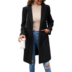 image:imageCHARTOU Womens Casual Long Blazer Jacket Wool Blend 1 Button Loose Fit Trench Pea CoatBlack