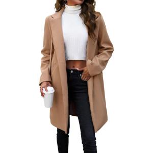 image:imageCHARTOU Womens Casual Long Blazer Jacket Wool Blend 1 Button Loose Fit Trench Pea CoatKhaki