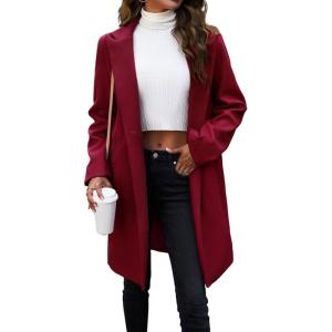 image:imageCHARTOU Womens Casual Long Blazer Jacket Wool Blend 1 Button Loose Fit Trench Pea CoatWine
