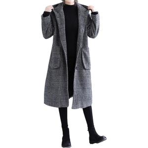 image:imageCHARTOU Womens Houndstooth Hooded Long Coat Single Breasted Plaid Oversized Wool Trench Jacket with PocketsBlack