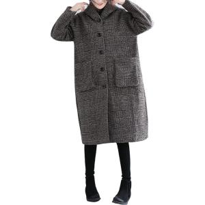 image:imageCHARTOU Womens Houndstooth Hooded Long Coat Single Breasted Plaid Oversized Wool Trench Jacket with PocketsCoffee