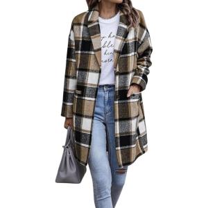 image:imageCHARTOU Womens Plaid Shacket Causal Notched Collar Wool Blend Tartan Blazer Trench CoatBrown