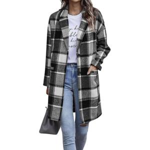 image:imageCHARTOU Womens Plaid Shacket Causal Notched Collar Wool Blend Tartan Blazer Trench CoatGrey