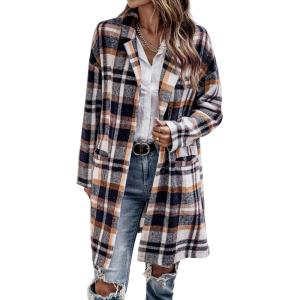 image:imageCHARTOU Womens Plaid Shacket Causal Notched Collar Wool Blend Tartan Blazer Trench CoatKhaki