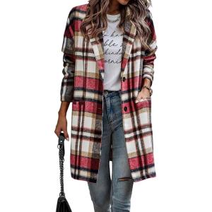 image:imageCHARTOU Womens Plaid Shacket Causal Notched Collar Wool Blend Tartan Blazer Trench CoatRed
