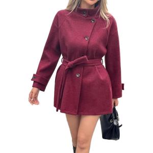 image:imageCHARTOU Womens Stand Collar Midi Coat Asymmetrical Single Breasted Wool Jacket Fall Winter OutfitsWine
