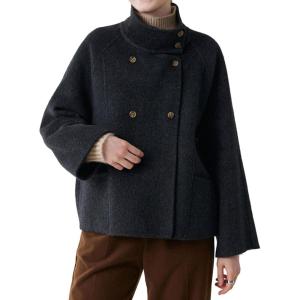 image:imageCHARTOU Womens Stand Collar Wool Coat Cropped Double Breasted Trench Coat Winter Chic Short Tweed JacketBlack