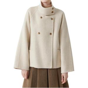 image:imageCHARTOU Womens Stand Collar Wool Coat Cropped Double Breasted Trench Coat Winter Chic Short Tweed JacketCream