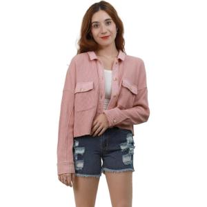 image:imageCHARTOU Womens Waffle Knit Shirt Button Down Long Sleeve Cropped Overshirt Jacket ShacketPink