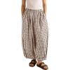 image:imageCHARTOU Women Plaid Gingham Pants Elastic Waist Loose Wide Leg Capri Harem Balloon PantsBrown