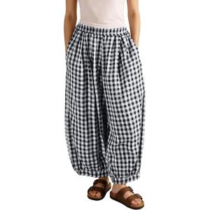 image:imageCHARTOU Women Plaid Gingham Pants Elastic Waist Loose Wide Leg Capri Harem Balloon PantsBlack