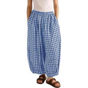 image:imageCHARTOU Women Plaid Gingham Pants Elastic Waist Loose Wide Leg Capri Harem Balloon PantsBlue