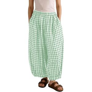 image:imageCHARTOU Women Plaid Gingham Pants Elastic Waist Loose Wide Leg Capri Harem Balloon PantsGreen