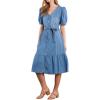 image:imageCHARTOU Women Belted Denim Shirt Dress Elegant Puff Sleeve Button Down Midi Long Jean Dress with PocketsLight Blue