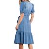 image:imageCHARTOU Women Belted Denim Shirt Dress Elegant Puff Sleeve Button Down Midi Long Jean Dress with PocketsLight Blue