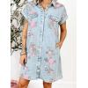 image:imageCHARTOU Women Floral Denim Midi Dress Lapel Button Down Short Sleeve Shift Jean Dress with PocketsLight Blue