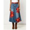 image:imageCHARTOU Women Floral Print Jean Skirt High Waist A Line Patchwork Denim Midi Skirt with PocketsRed
