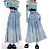 image:imageCHARTOU Women Pleated Maxi Denim Skirt Long Jean Skirt Gradient Frayed Distressed Denim Ruffle A Line SkirtBlue