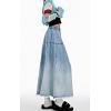 image:imageCHARTOU Women Pleated Maxi Denim Skirt Long Jean Skirt Gradient Frayed Distressed Denim Ruffle A Line SkirtBlue
