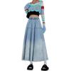 image:imageCHARTOU Women Pleated Maxi Denim Skirt Long Jean Skirt Gradient Frayed Distressed Denim Ruffle A Line SkirtBlue