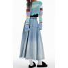 image:imageCHARTOU Women Pleated Maxi Denim Skirt Long Jean Skirt Gradient Frayed Distressed Denim Ruffle A Line SkirtBlue