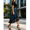 image:imageCHARTOU Women Y2k Lace Denim Midi Skirt Asymmetrical High Waist A Line Jean Skirt with PocketsDark Blue