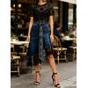 image:imageCHARTOU Women Y2k Lace Denim Midi Skirt Asymmetrical High Waist A Line Jean Skirt with PocketsDark Blue