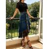 image:imageCHARTOU Women Y2k Lace Denim Midi Skirt Asymmetrical High Waist A Line Jean Skirt with PocketsDark Blue