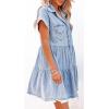 image:imageCHARTOU Womens Short Sleeve Ripped Denim Tiered Mini Skirt Babydoll Button Up Ruffle Shirt DressBlue