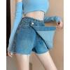 image:imageCHARTOU Womens Summer High Waist Frayed Hem Wrap Irregular Denim ALine Skirt ShortsBlue