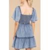 image:imageCHARTOU Womens Sweet Flutter Sleeve Ruched Smocked High Waist Tiered ALine Denim DressBlue