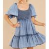 image:imageCHARTOU Womens Sweet Flutter Sleeve Ruched Smocked High Waist Tiered ALine Denim DressBlue