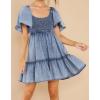 image:imageCHARTOU Womens Sweet Flutter Sleeve Ruched Smocked High Waist Tiered ALine Denim DressBlue