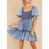 image:imageCHARTOU Womens Sweet Flutter Sleeve Ruched Smocked High Waist Tiered ALine Denim DressBlue