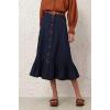 image:imageCHARTOU Womens Vintage Midi Denim Skirt Summer Back Elastic Waist Button Front Ruffled Jean SkirtDark Blue
