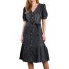 image:imageCHARTOU Women Belted Denim Shirt Dress Elegant Puff Sleeve Button Down Midi Long Jean Dress with PocketsBlack