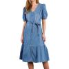 image:imageCHARTOU Women Belted Denim Shirt Dress Elegant Puff Sleeve Button Down Midi Long Jean Dress with PocketsLight Blue
